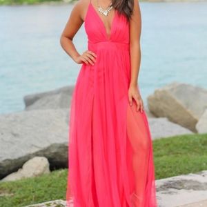 Hot pink tulle gown with M slit underlay